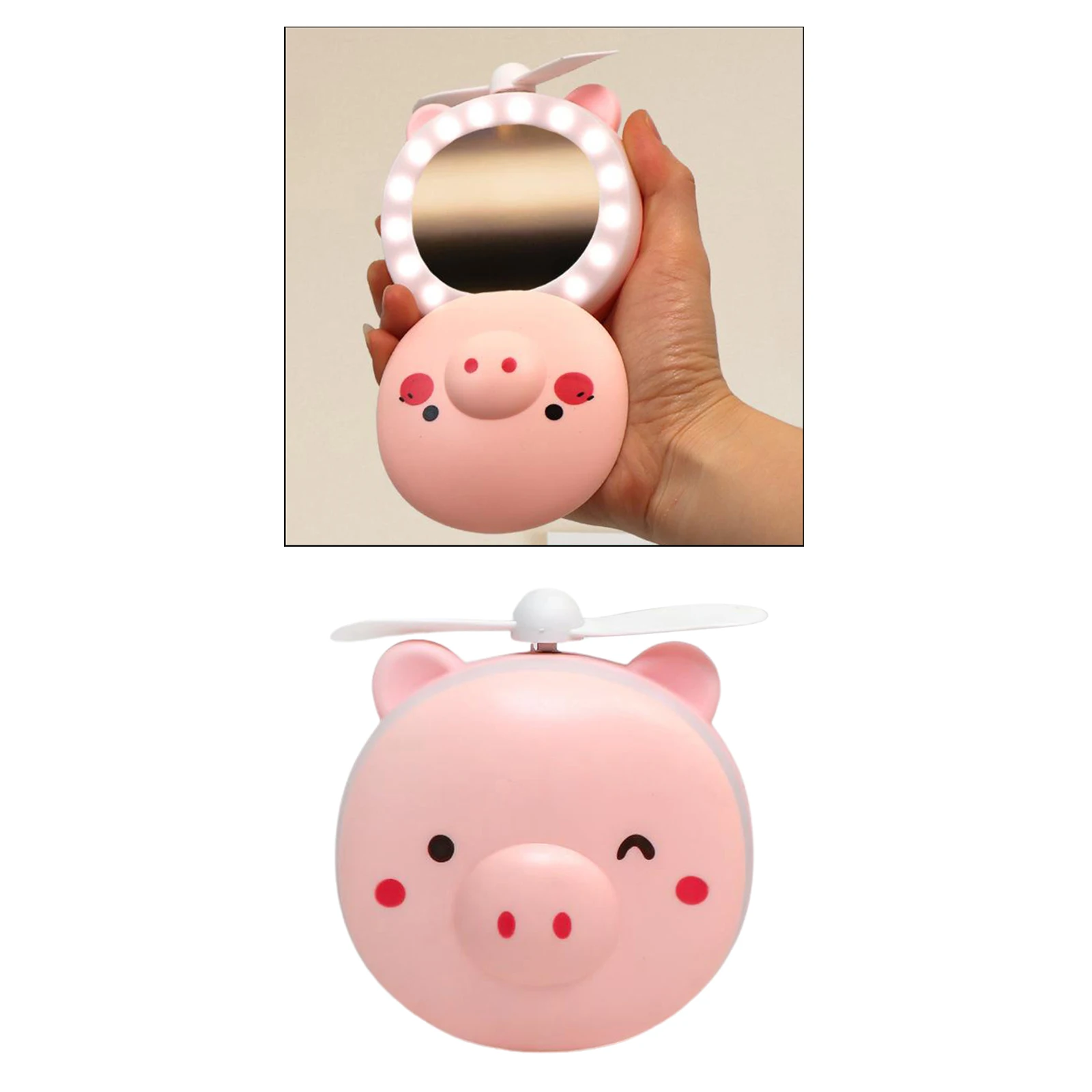 3in1 Cute Piggy Mini Cosmetic Mirror Cooling Fan Light USB Outdoor Indoor