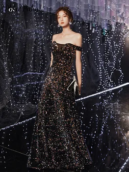 

Elegant Boat Neck Off The Shoulder A-line Floor-length Long Women Evening Gowns 2020 Sparkly Sequin Prom Dresses 2020 Plus Size