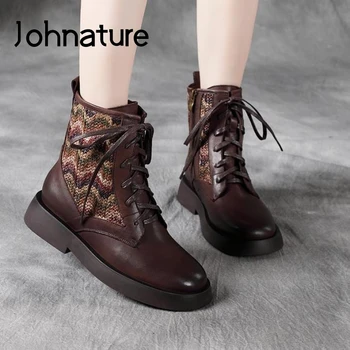 

Johnature Ankle Boots For Women Shoes 2020 New Winter Genuine Leather Round Toe Zip Sewing Handmade Lace-up Retro Platform Boots