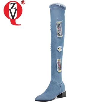 

ZVQ winter new fashion denim over knee boots outside comfortable mid heels round toe zip mixed colors women shoes drop shipping size 33-43
