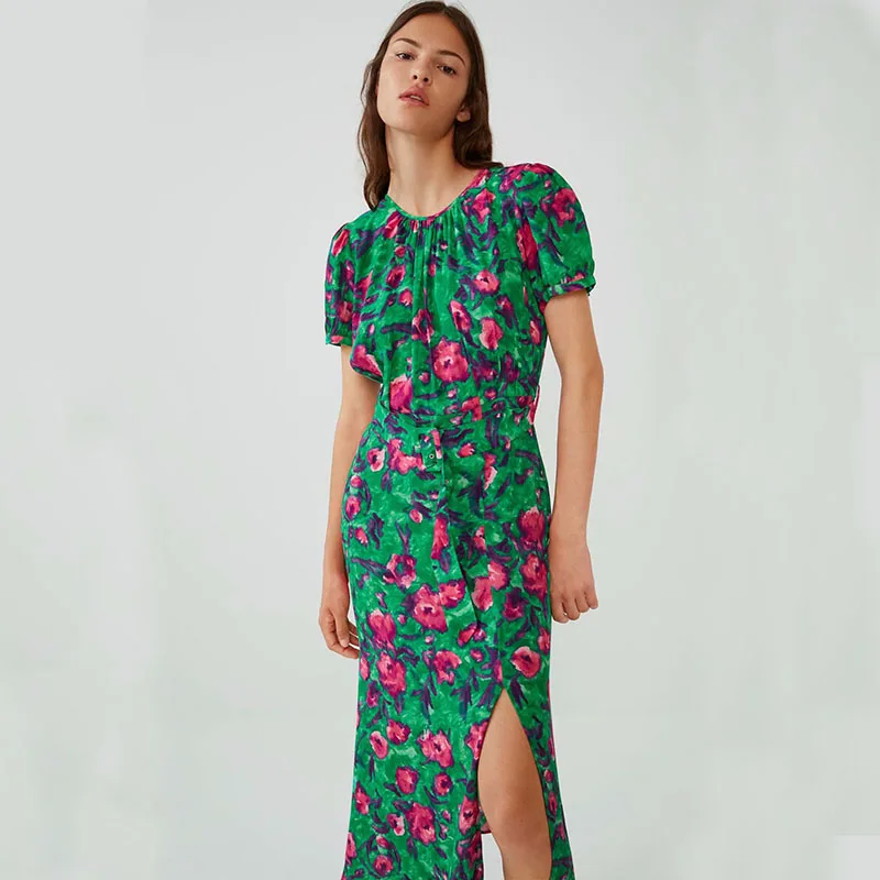 

New Summer Dress Fashion Women O-Neck Floral Printed Short Sleeve Dress Sashes Casual Bandage Dress Women Beach Long Dress
