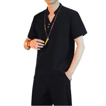 

Summer men two-piece set Large size 5xl black men retro t shirt and Ankle-Length pants cotton and linen fabric mens sets