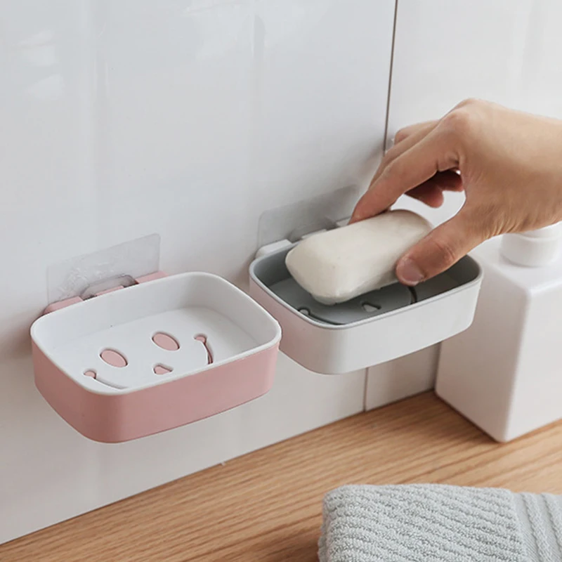 

Punch-free Double Smile Soapbox Seamless Wall Sticker Drain Soap Box Eco-friendly Durable Home Kitchen Bathroom Storage Supplies