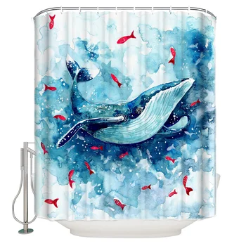 

Blue Whale Red Fish Watercolor Shower Curtain Waterproof and Mildewproof Polyester Fabric Bath Curtain Design