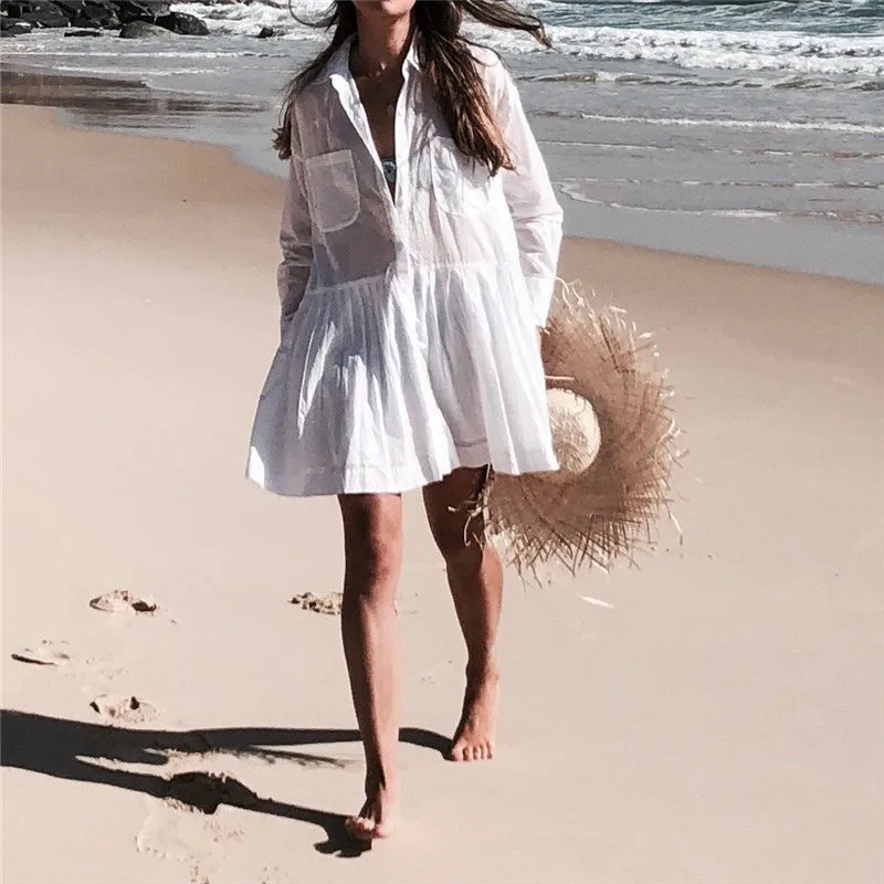 Women Swimsuit Cover Ups Mandarin Sleeve Kaftan Beach Tunic Dress Robe De Plage Solid White Pareo Beach Cover-ups #Q429 swim suit cover