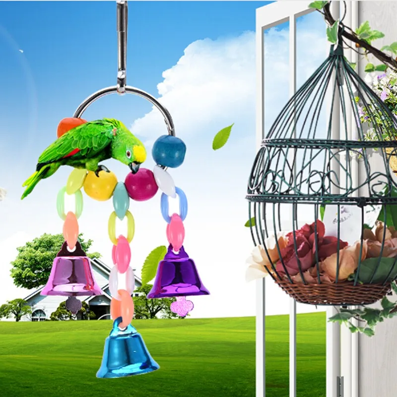 Parrot Toys With Colorful Beads Bell Chain Pet Bird Chew Bite Toy Cage Accessories Suspension Hanging Bridge Chain|Игрушки для птиц| |