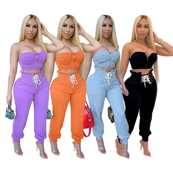 

High Street Style 2 Piece Sets For Women's 2020 New Solid Tube Strapless Crop Tops Lacing Bandage Trousers Outfit Clothes Suit