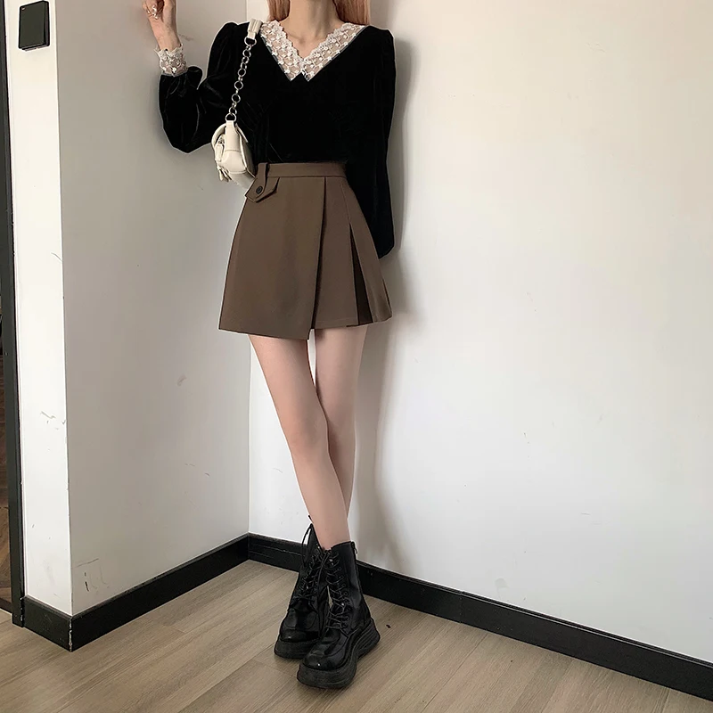 女性用ハイウエストプリーツスカート レトロなスタイルの黒の短くてセクシーなシティウェア スカート Aliexpress