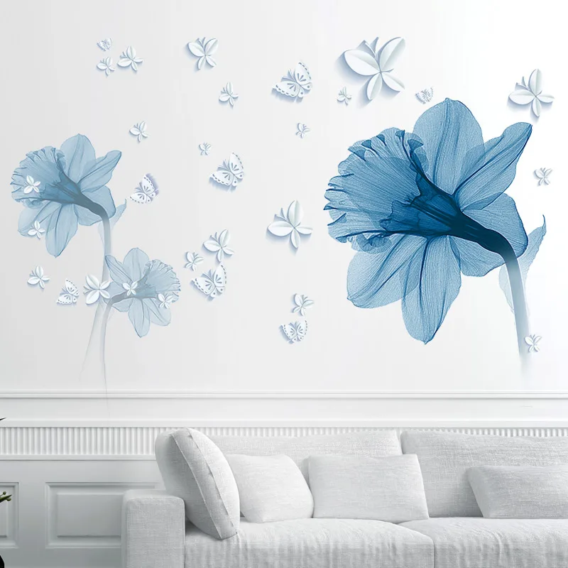 180*110 см большой 3D Скандинавское искусство синие цветы украшение гостиной Виниловые наклейки на стену DIY Современная спальня домашний декор настенные плакаты