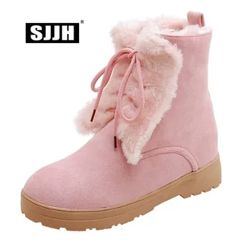 

SJJH Women Flat Snow Boots with Round Toe Lace-up Winter Plush Short Boots Flock Fashion Casual Shoes Large Size E270