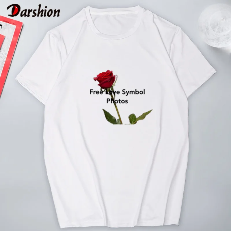 Женская модная футболка с рисунком розы, Выгравированная символ свободной любви, черно-белая футболка, летние свободные топы, футболка