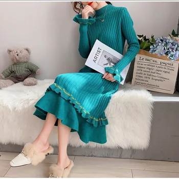 

Autumn/Winter Ladies Knitted Dress Flare Sleeve Long-sleeve Loose Lotus Leaf-side Pullovers Sweater Long Dress Plus Size