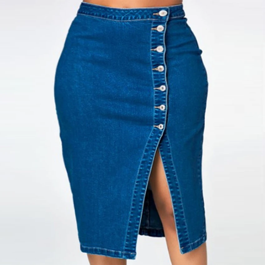 Solid Buttons Denim Skirts Women Casual Big Size Slim Mid-Calf Summer Skirt Ladies Fashion Wild Simple Jean Skirts New