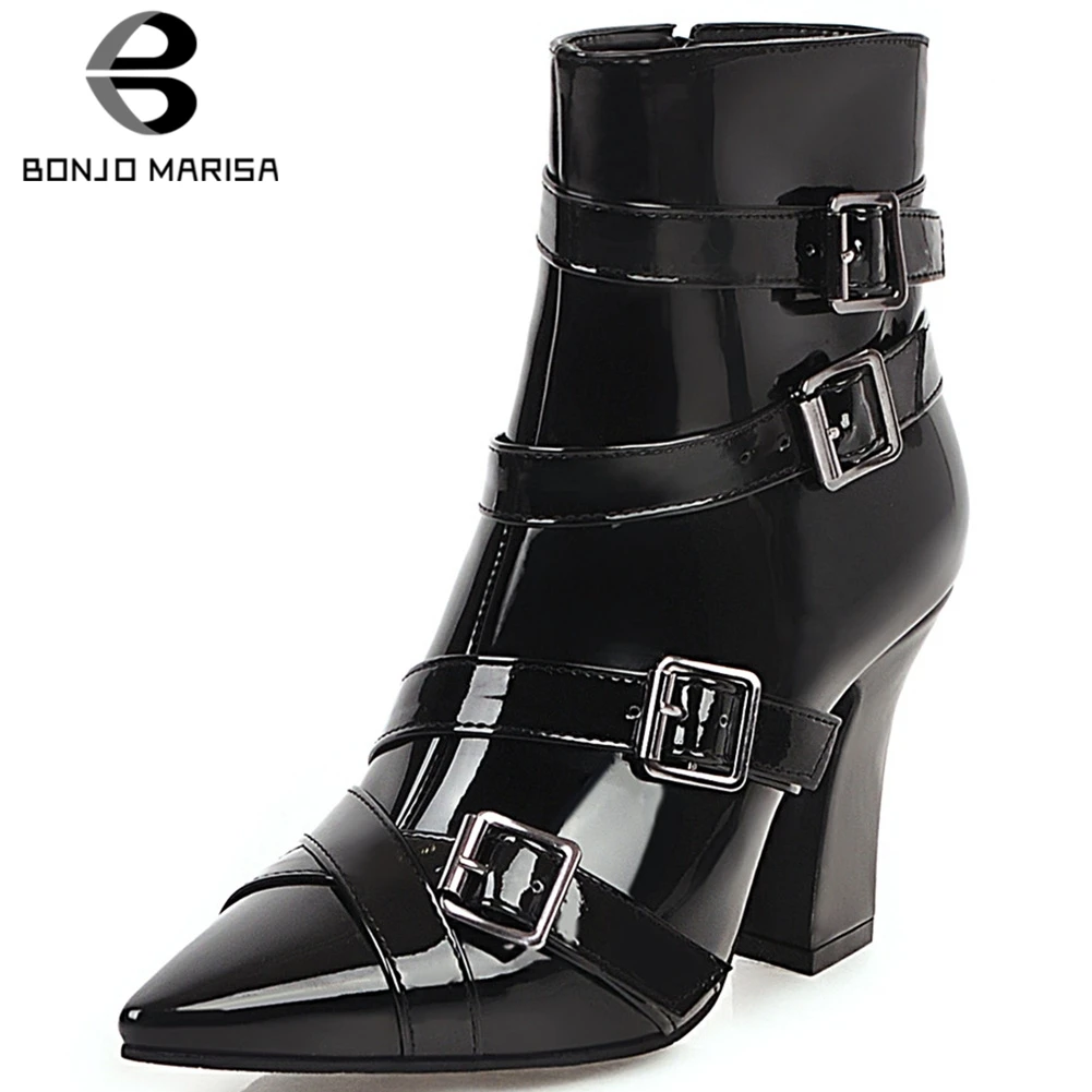 

BONJOMARISA New Plus Size 32-43 Brand Ankle Boots Pointed Toe Buckle Shoes Woman Black Ol Snake Veins High Heels Booties Women
