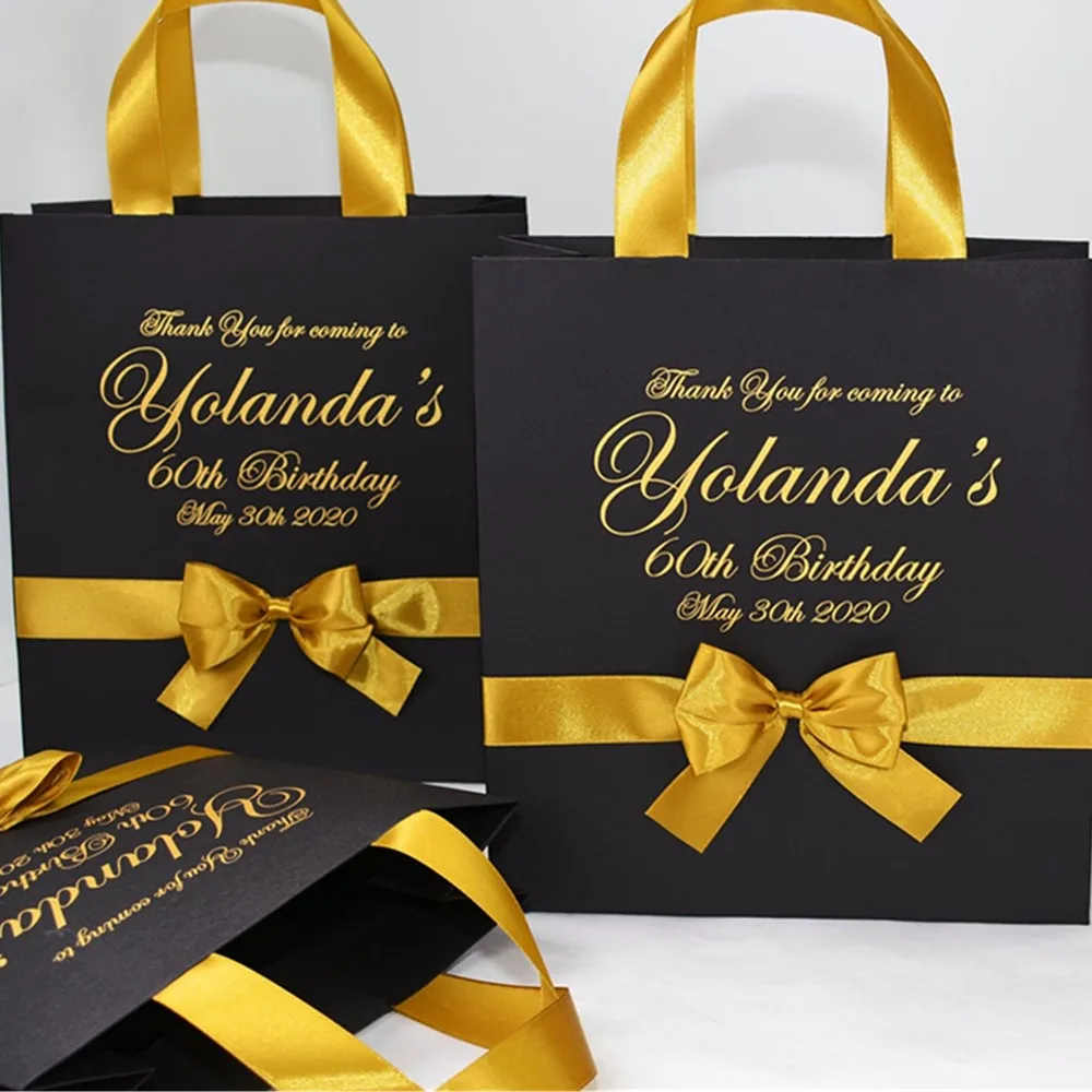 Personalized Birthday Party Favor Bags with satin ribbon bow and name,  Elegant Black & Gold 50th Anniversary gifts for guests