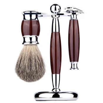 3 In 1 Men Luxury Manual Shaving Kit Beard Cleaning Brush Metal Shaver Razor Stand Holder Hair Trimmer Grooming Tool Set