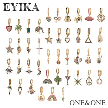 

EYIKA 1Piece Small hoop earrings Rainbow Fashion Women Jewelry CZ Earring genuine gold color Star Cactus Heart Cross Tree Animal