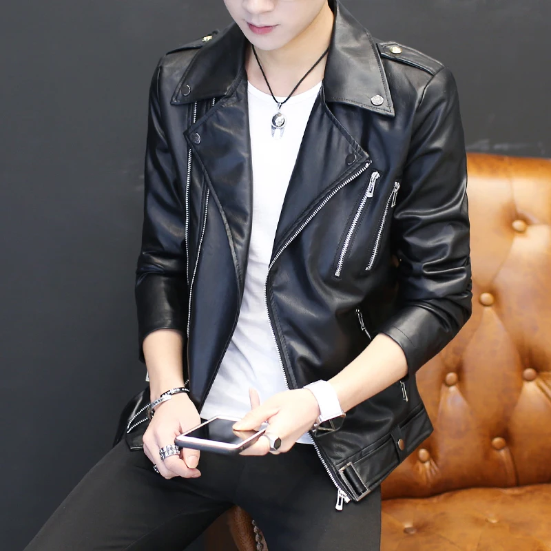 Mens Leather Jacket Autumn Winter New Style Men's Motorcycle Leather Garment Multi-zipper Lapel Brief Design coats