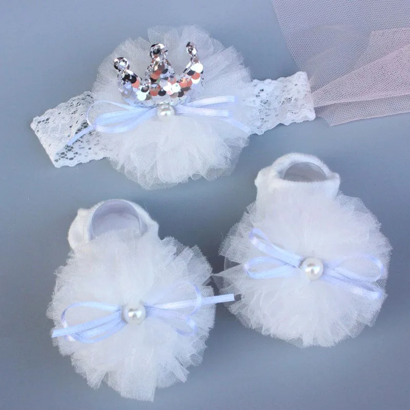 Elastic Bab Headband Socks Set 2 Pcs/Set Lace Flower Newborn Girl Short Socks Bow Crown Infant Baby Turban