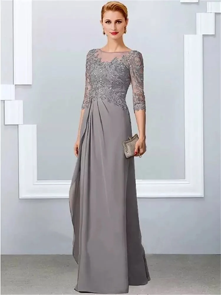 Grey Chiffon Mother Of Bride Dresses Lace Elegant Half Sleeves O-Neck Ruffle Wedding Wedding Banquet Mom Celebrity Evening Gowns