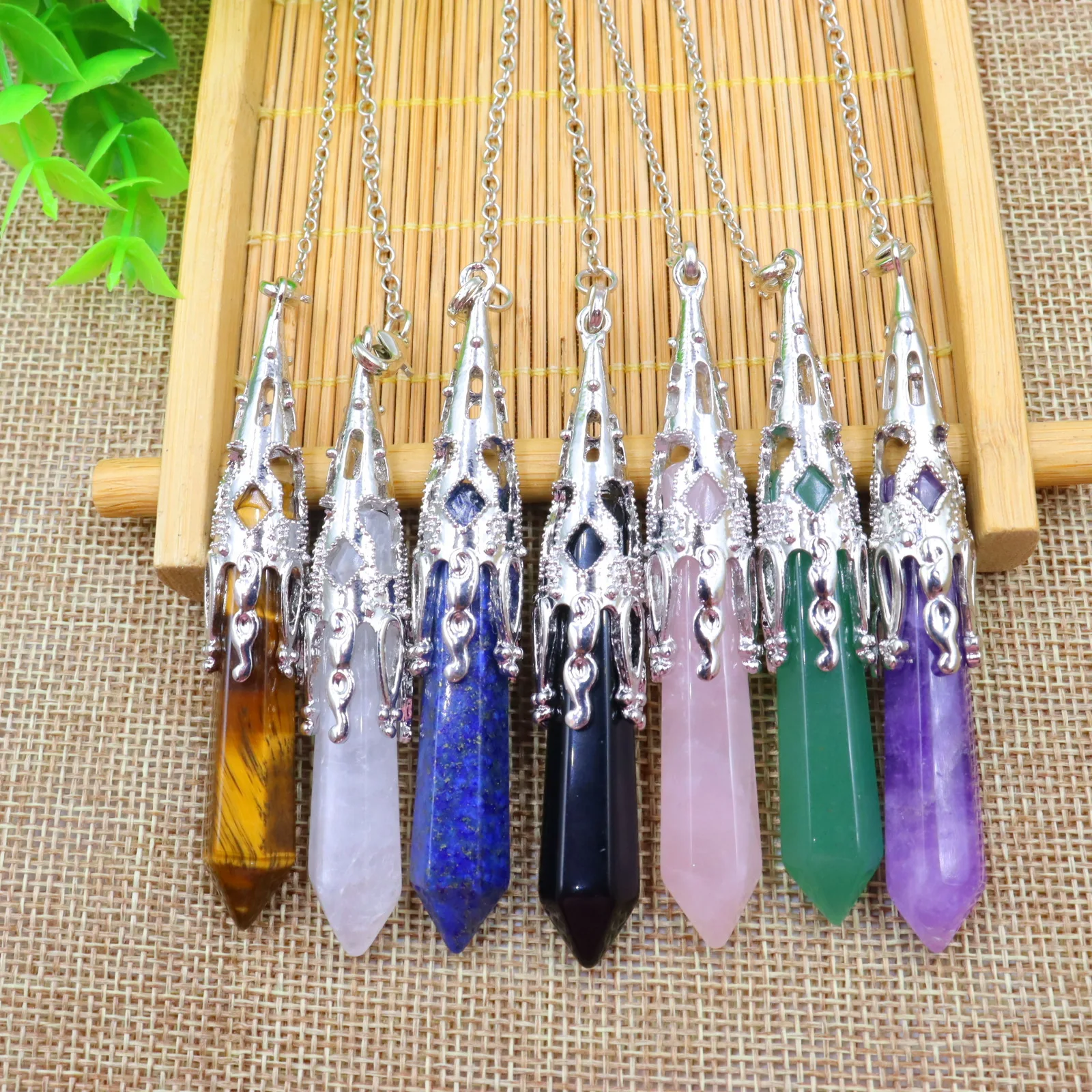 Chakra Reiki Healing Hexagon Prism Pendulums Charms Natural Stones Amethyst Rose Quartz  Pendant Yoga Energy Stone Decoration