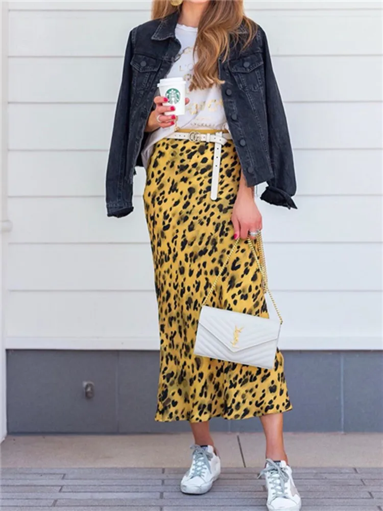 2020 Mode Luipaard Vrouwen Midi Rok 100% Zijde Dames Vakantie Klassieke Lange Rokken Elastische Taille Toevallige