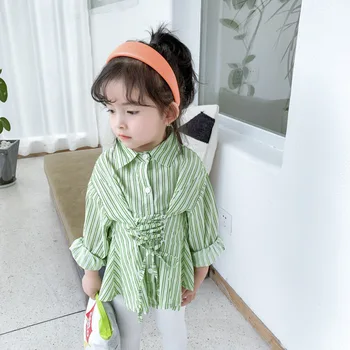 

WLG Girls Fashion Long Style Blouses Kids Pring Green Yellow Striped Turn Down Collar Shirt with Belt Baby Girl Clothes 1-6T