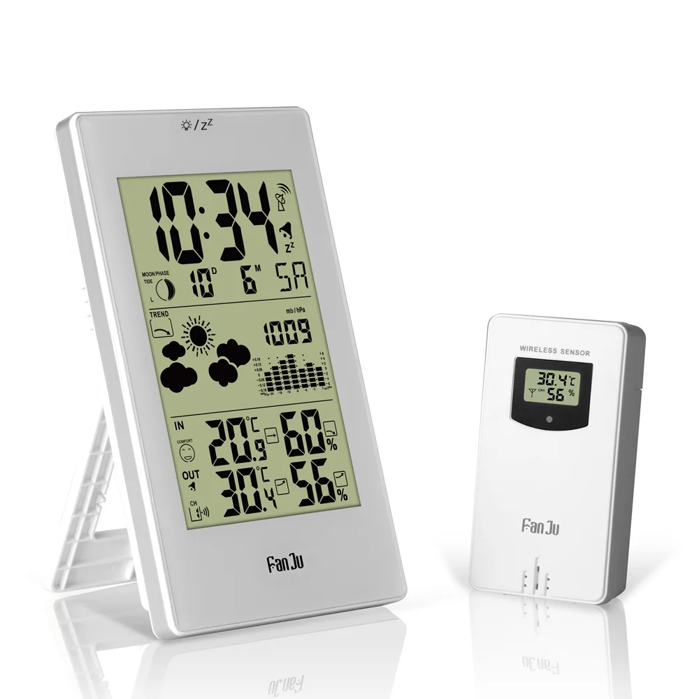 

FanJu FJ3352 Weather Station With Barometer Temperature Humidity Wireless Outdoor Sensor Alarm and Snooze Digital Clock