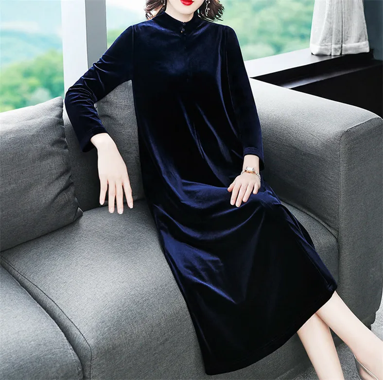Для женщин длинное, утепленное бархатное платье осеннее китайское платье Стиль в винтажном стиле с воротником-стойкой и велюровое платье Платье для вечеринки размера плюс M-8XL - Цвет: Тёмно-синий