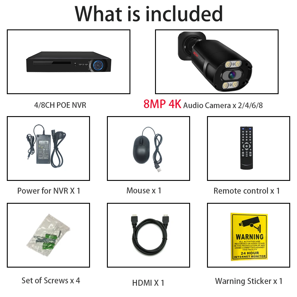 SIMICAM 4K POE Security Camera System 8MP H.265 IP Audio Human detection Color Full Night Vision IP67 Weatherproof Metal NVR Kit