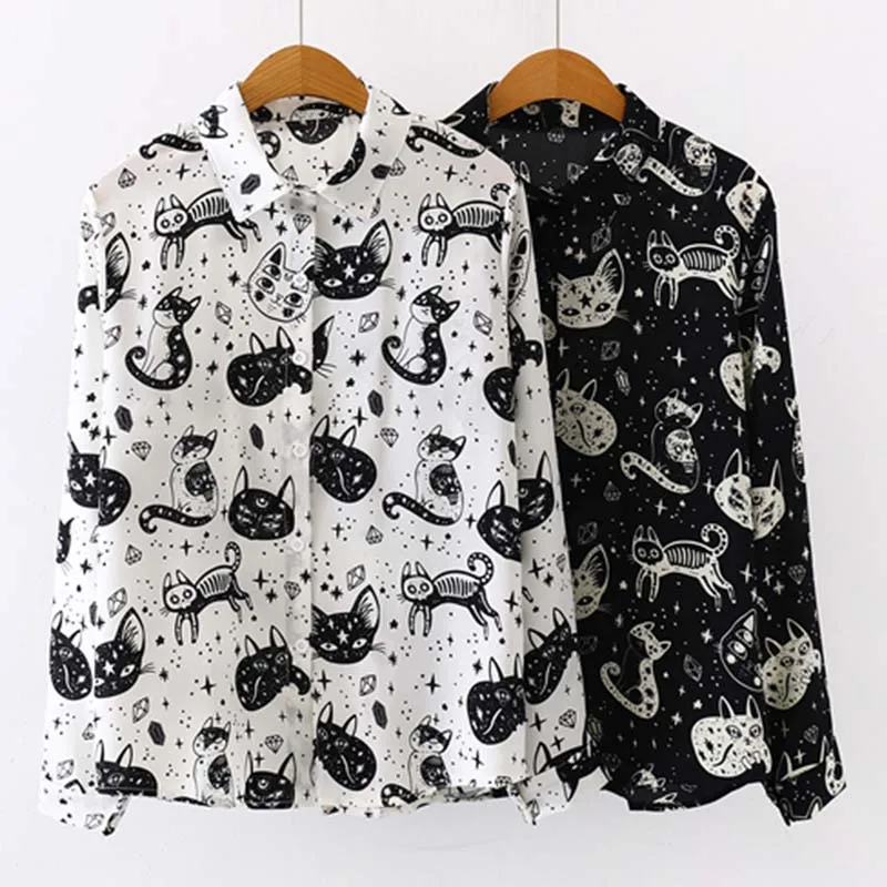  Plus Size Women Satin Cat Printed Shirt Kawaii Long Sleeve White Large Sizes Blouse Loose Casual La