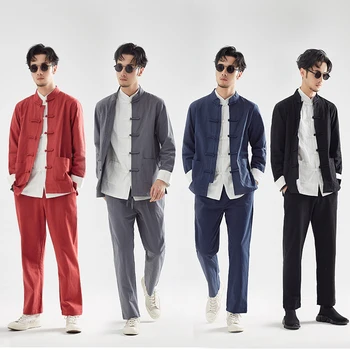 

2020 traditional chinese tang suit for men coat year festival tunic zhongshan mao suit blazer top+pants set