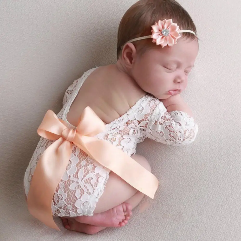 

2pcs/set Baby Photography Props Newborn Girl Lace Romper and Floral Headband Set