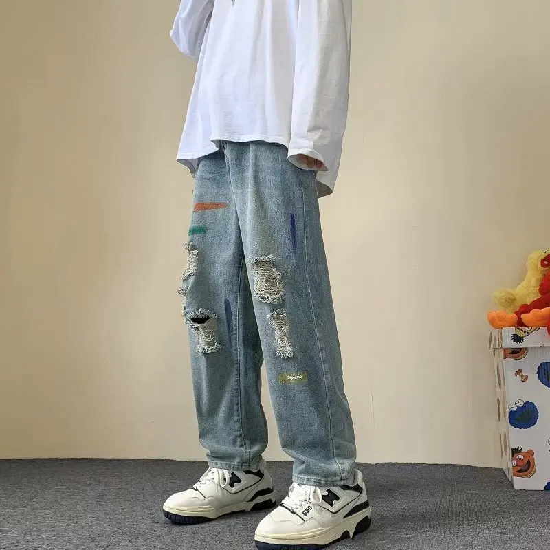ICCLEK Japanese Ripped Jeans Men's Pants Autumn Casual Straight-leg Pants Men Jeans Pants  Denim Jeans  Mens Pants