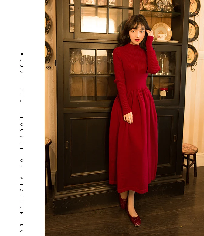 YOSIMI, эластичное женское платье-свитер, Vestido, Осень-зима, длинное женское платье со стоячим воротником, длинный рукав, до середины икры, Бандажное платье