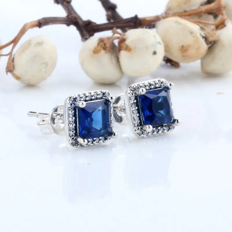 

Original 925 Sterling Silver Pan Earring Blue Fashion Square With Crystal Pan Earrings For Women Wedding Gift Fashion Jewelry