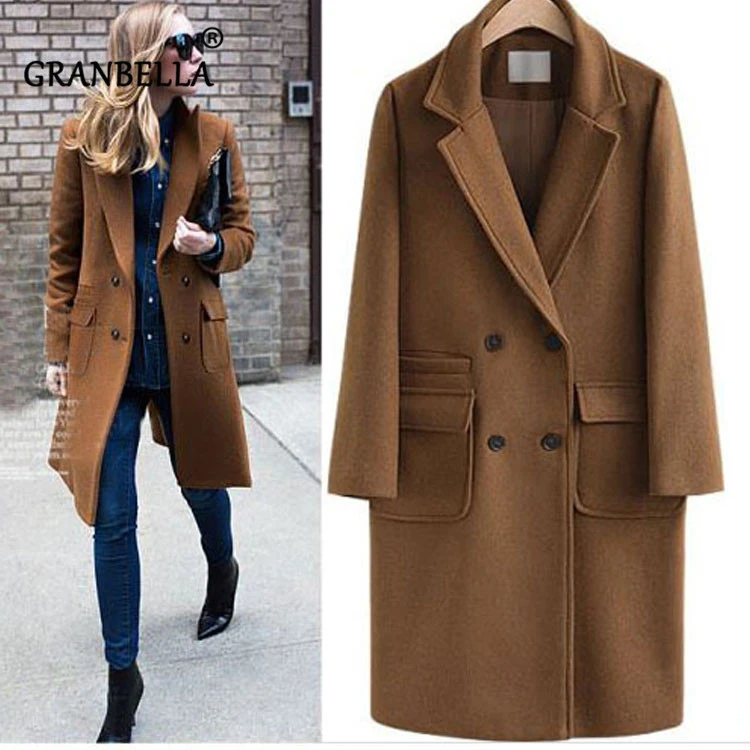 

2019 Fashion Vintage Long Woolen Coat For Work Women Plus Size L-5XL Solid Color Turn-Down Collar Elegant Warm Outerwear