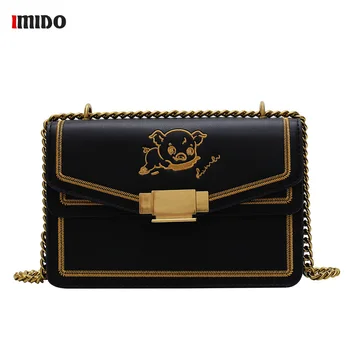 

Women Pig Embroidery Flap Handbags Small Fashion Chain PU Leather Crossbody Shoulder Bags for Girls Black Messenger Phone Purse