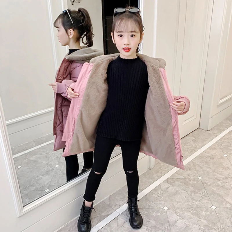 4-12 Year Girls Coat Plus Velvet Warm Winter Jacket For Girls Fashion Long Parkas Snowsuit Cute Bear Hooded Children's Outerwear children jackets,girls coat