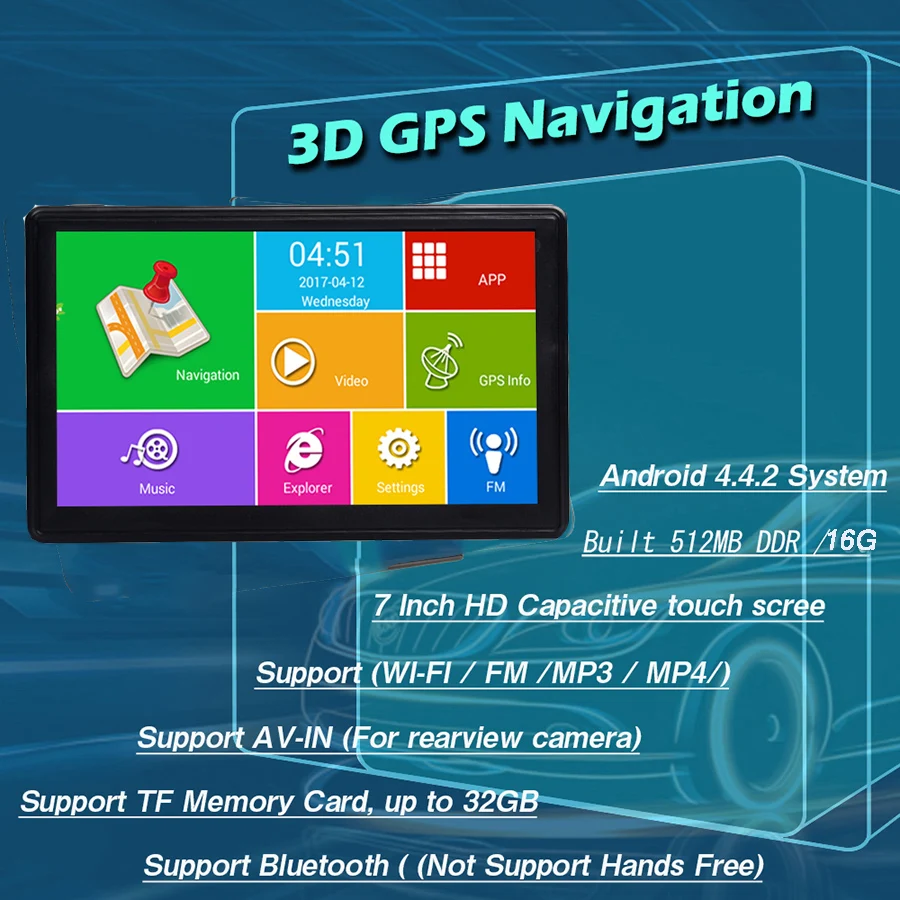 Anfilite 7 дюймов DDR 512M rom 16GB Автомобильный gps навигатор Android 4.4.2 wifi avin навигатор с задней камерой и солнцезащитным козырьком