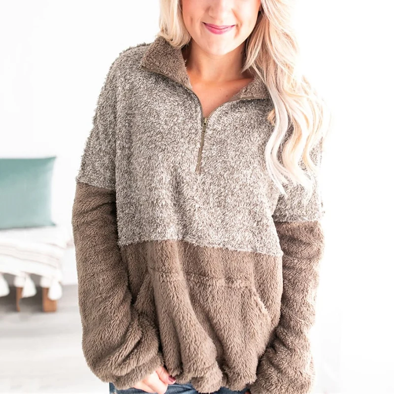 

Cozy Sweatshirt Women Long Sleeve Zipper Turtleneck Pocket Patchwork Fluffy Pullover Women Sweatshirt 2019 Autumn Winter Coats