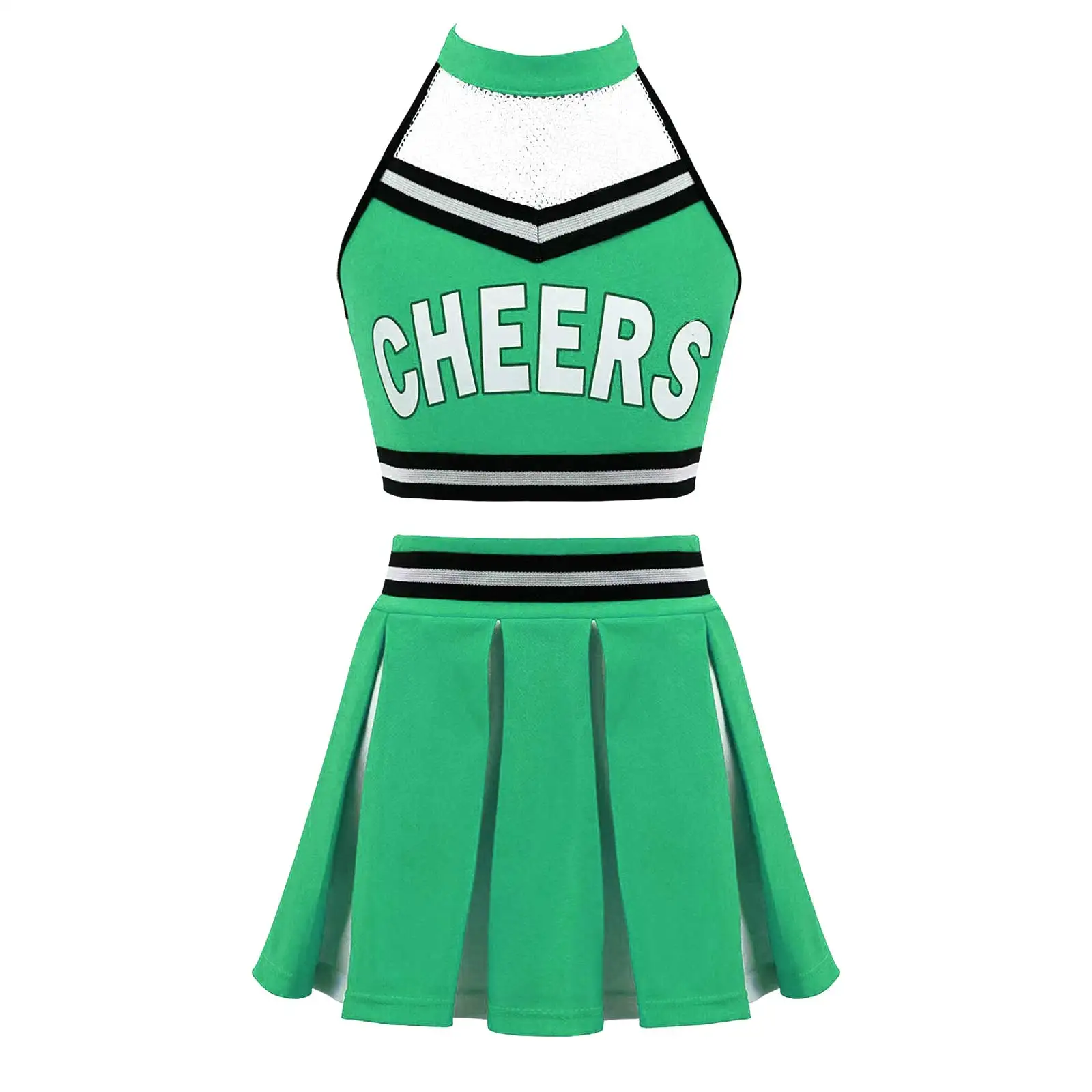 Kids Girls Cheerleading Uniform Halter Neck Mesh Letter Print Dancewear Backless Crop Top with Elastic Waistband Pleated Skirt kids girls cheerleading uniform halter neck mesh letter print dancewear backless crop top with elastic waistband pleated skirt