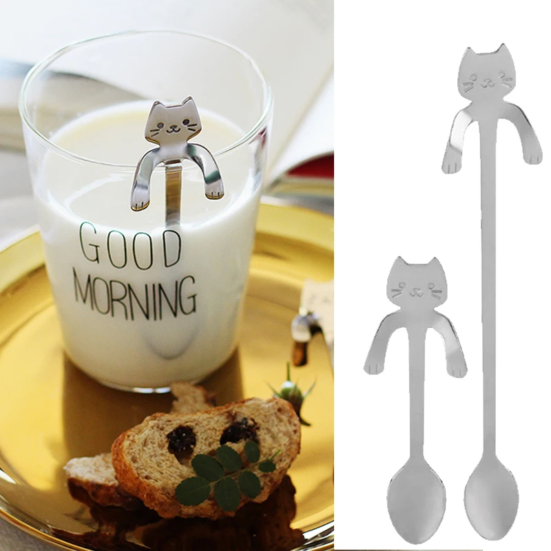 Cat Steel Coffee Soup Tea Spoon Ice Cream Cocktail Kitchen Tableware Teaspoons