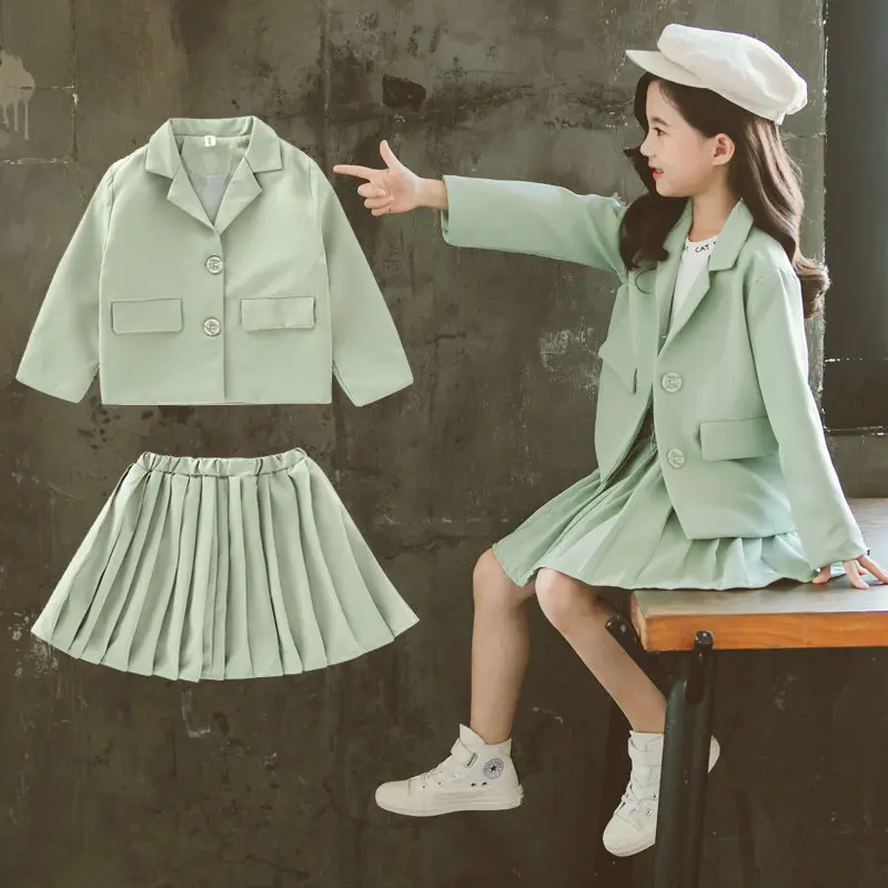 

Girls Blazer Jackets Suit Children Kids Blazer+Pleated Skirt School Uniform 2Pcs Baby Spring Winter Suit Solid Color Clothes Set