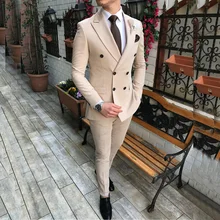 Traje beis de dos piezas para hombre, esmoquin informal plano y entallado con solapa de muesca de doble botonadura para boda (Blazer + Pantalones), novedad de 2020