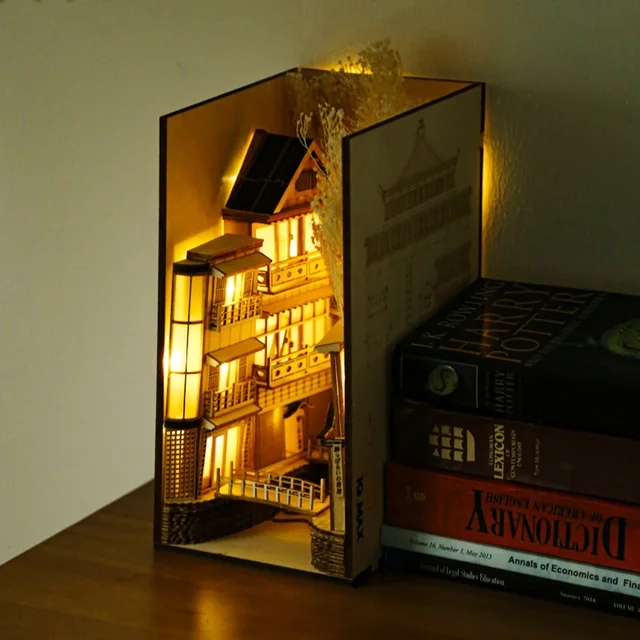 Spiriteds Away DIY Wooden Dragon Alley Book Nook Shelf Insert Kits Ginzan Onsen Building Bookends Anime Bookshelf Furniture Toys 3