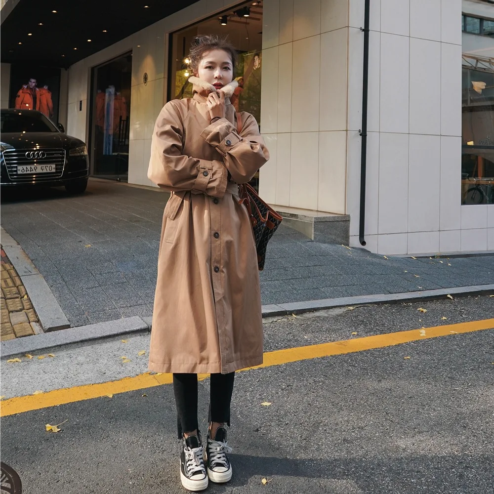 

Photo Shoot Single Breasted Waist Hugging Workwear Parka Cotton Overcoat 2019 Winter New Style Hipster Vintage Fur Collar Cotton