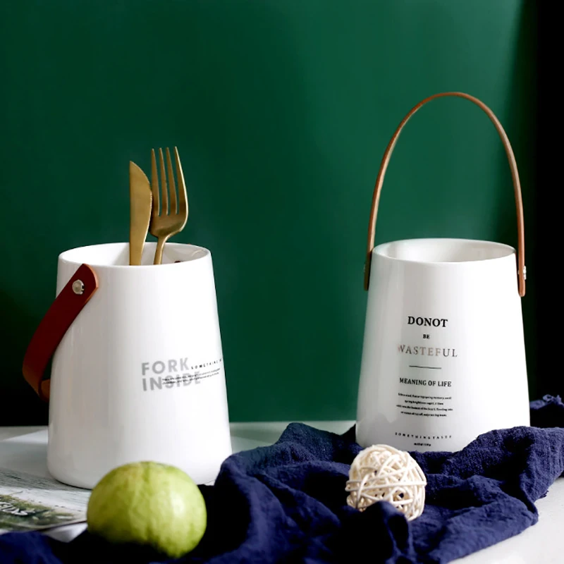 Unique Chic Nordic Ceramics Storage Jar Bottle With Leather Handle Minimalist Desk Storage Bottle Organizer Flower Vase Containe