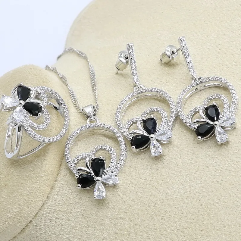 Классический набор украшений из серебра 925-й пробы для женщин черный белый циркон браслет серьги ожерелье кулон кольцо подарок для свадьбы дня рождения