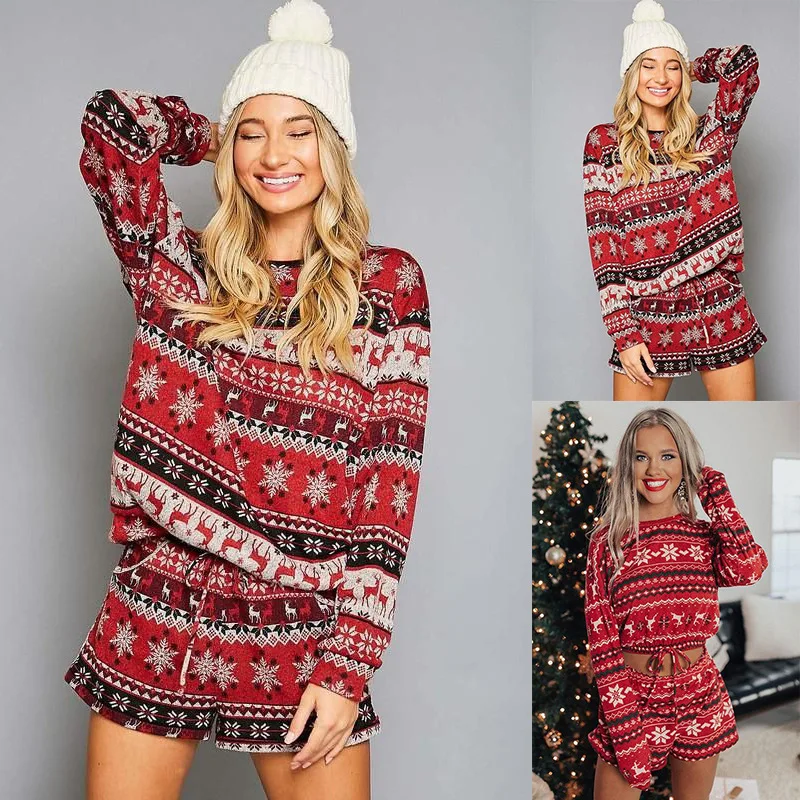 

Autumn Cotton Women's Clothing Printed Long-sleeved Loose Christmas Large Size Comfortable Home Set Matching Christmas Pajamas
